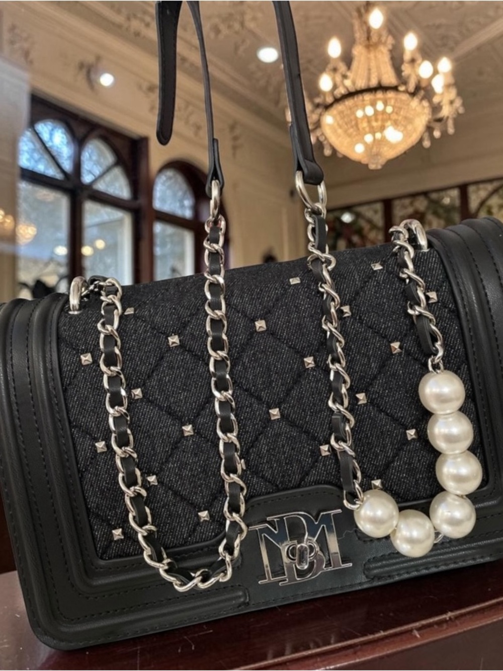 Badgley Mischka Black Quilted Chain-Accent Crossbody Bag with Pearl Detail